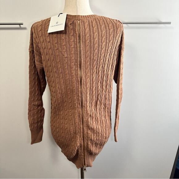 Chloe Kristyn Size Small Tan Tequila V Neck Cable Sweater Cozy Cabin Chic NWT - Picture 13 of 15